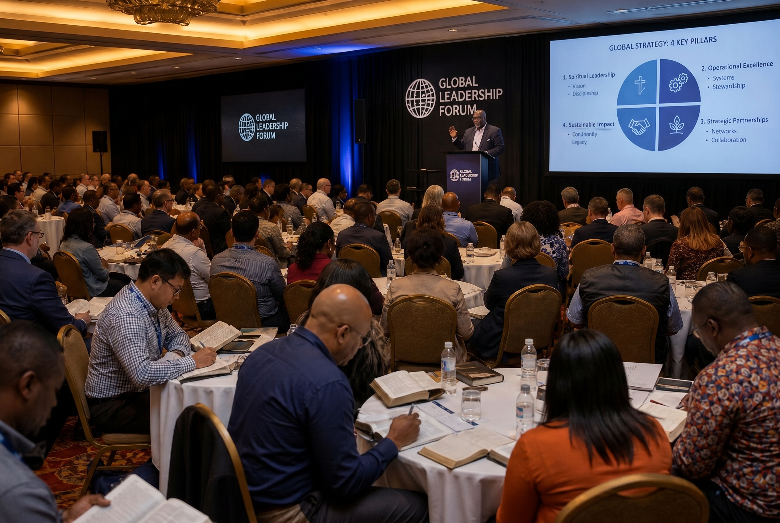 Pastor Mark Cleveland teaching leadership and business strategy to approximately 75 male and female leaders from many nations at a Global Leadership Forum